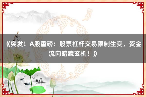 《突发！A股重磅：股票杠杆交易限制生变，资金流向暗藏玄机！》